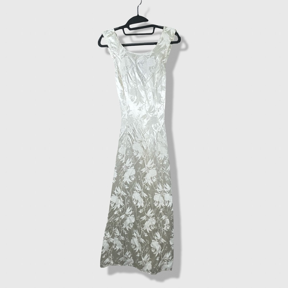 All That Jazz Floral Maxi Dress Womens 9/10 White Vintage Satin Jacquard Y2K